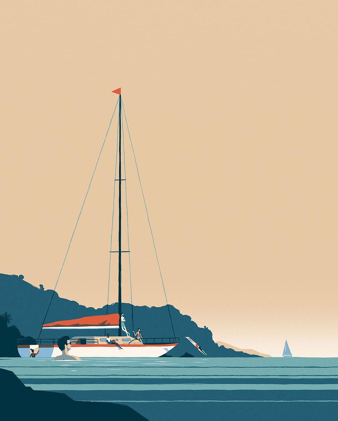 Illustration of a white sailboat with red trim on the water near a rocky coast with people relaxing on board under a peach-colored sky.