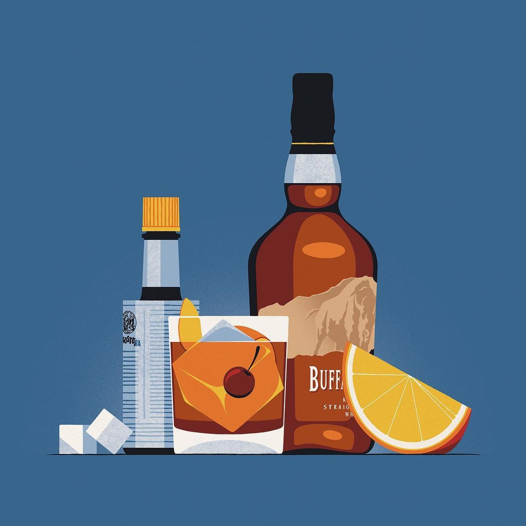 Illustration of a cocktail with a cherry, an orange slice, an ice cube, a bottle of liquor, and a bottle of bitters on a blue background.