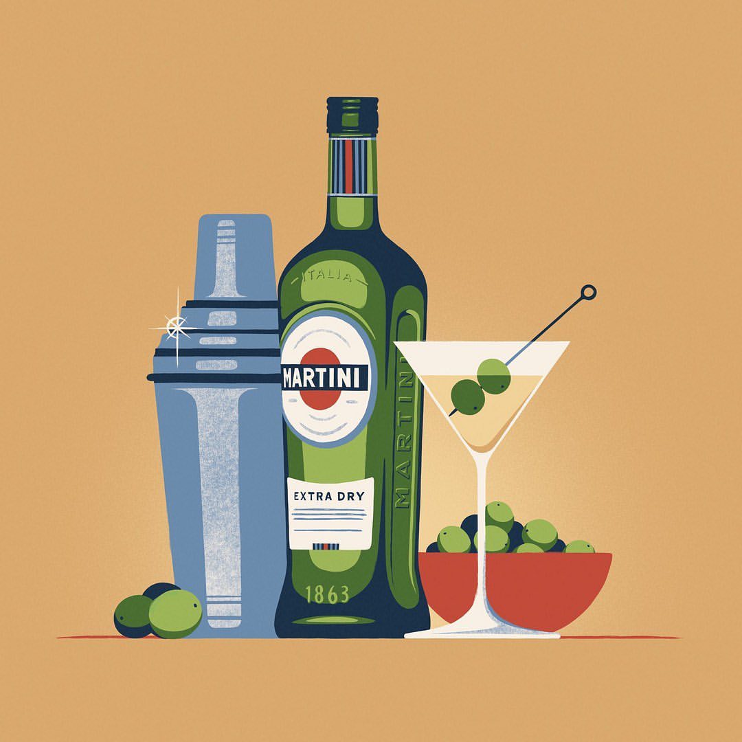 Illustration of a cocktail shaker, a martini bottle, a martini glass with olives, and a bowl of olives on an orange backdrop.
