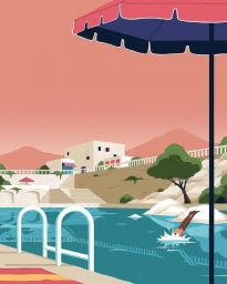 Digital illustration of a person diving into a swimming pool beneath a large red and blue parasol by David Doran.
