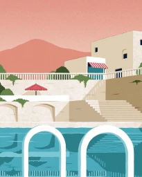 Illustrated mediterranean landscape featuring a swimming pool, minimalist beige buildings, and a red parasol against rolling hills.