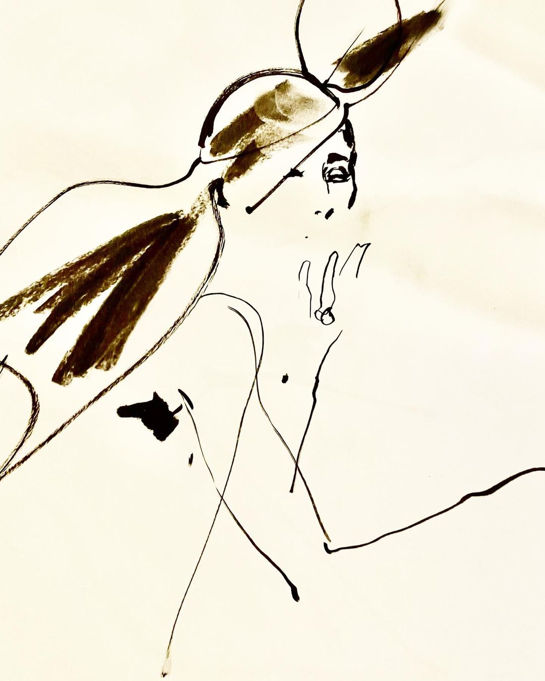 Fashion illustration of a woman with a large hat. She is outlined in black ink with brown shading in the hat and hair on a white background.