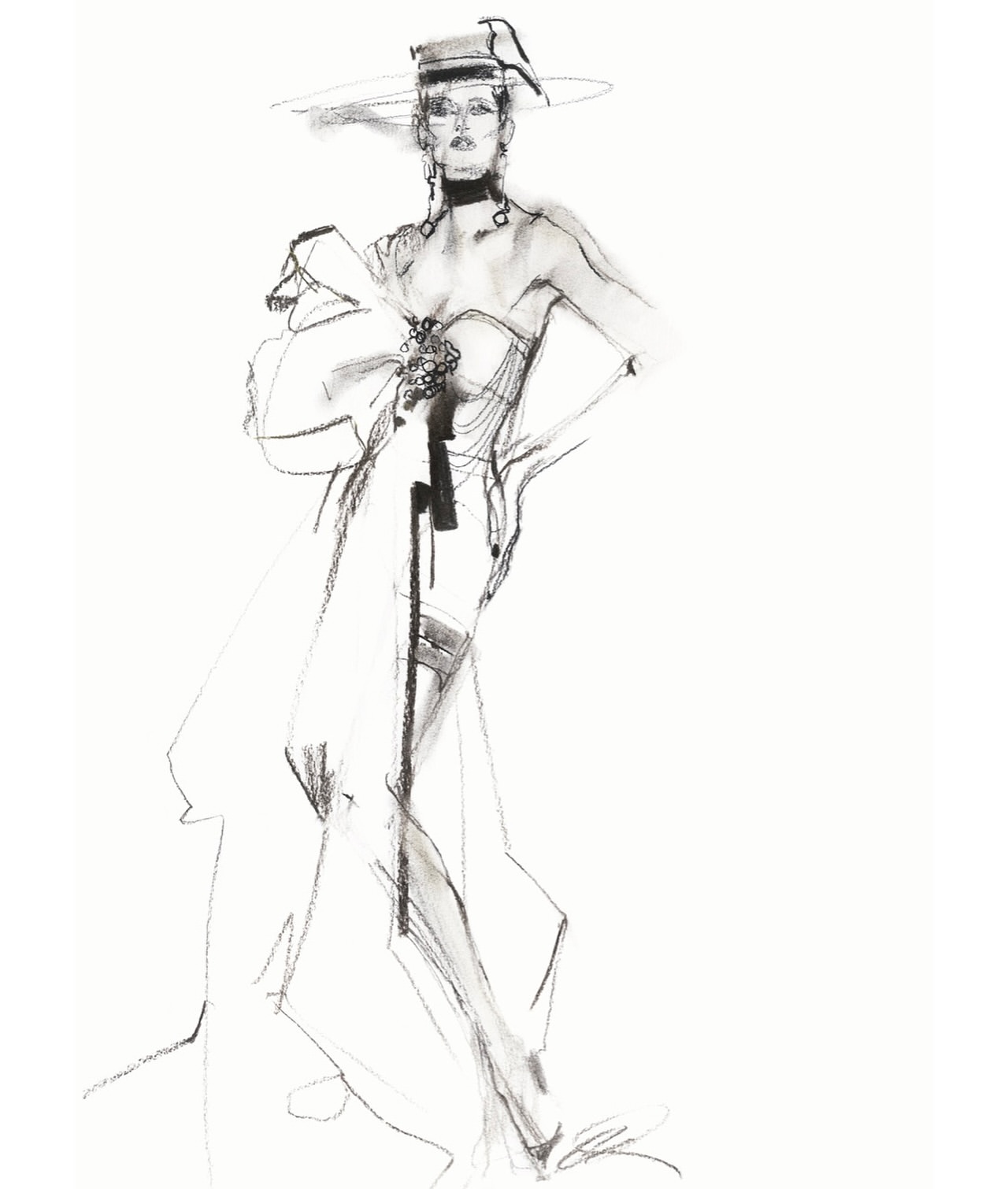 Fashion illustration featuring an adult female posing in a dress with a bow and wide-brimmed hat on a white background.