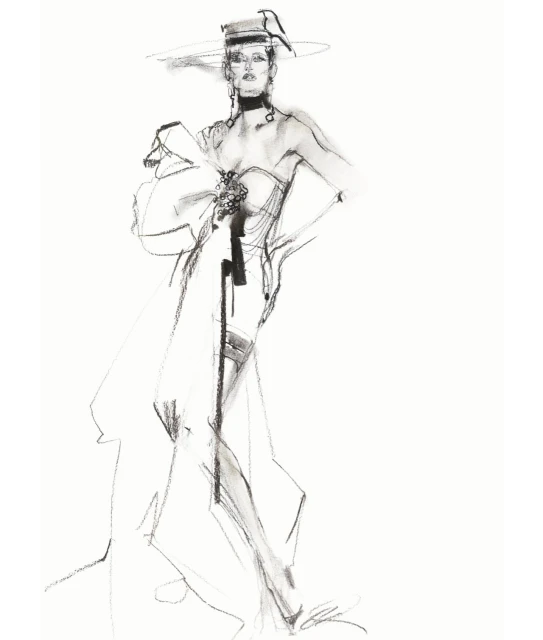 Fashion illustration featuring an adult female posing in a dress with a bow and wide-brimmed hat on a white background.