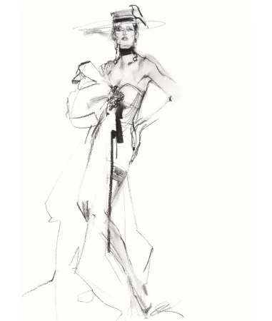 Fashion illustration featuring an adult female posing in a dress with a bow and wide-brimmed hat on a white background.