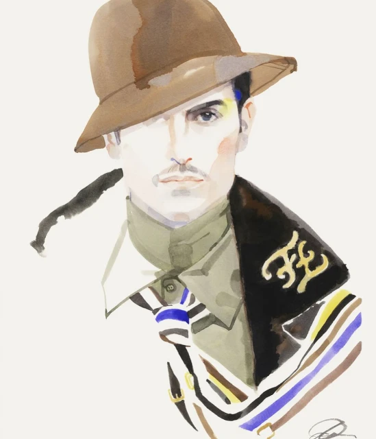 Watercolor painting of a man with fair skin, wearing a brown hat, olive shirt, and striped tie, on an off-white background.
