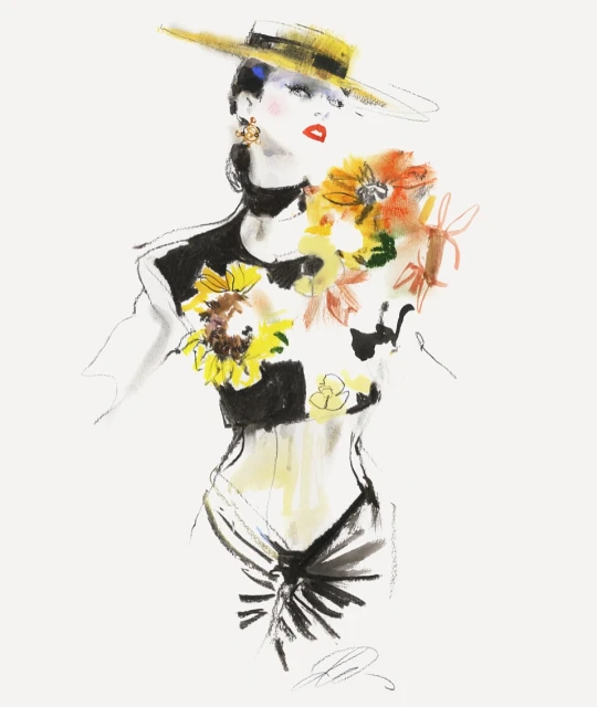 Illustration of a fashionable woman in a hat and floral top, rendered with expressive brushstrokes and a light, airy background.