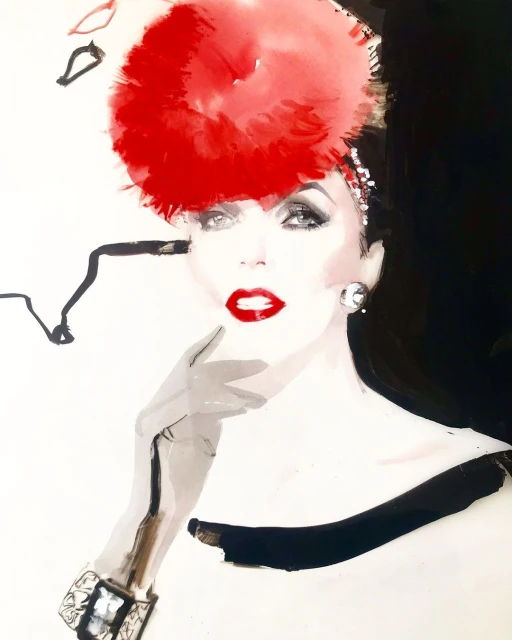 Illustration of a woman with red lips and a red feathered hat, wearing gloves and jeweled bracelets, rendered with an expressive painting style.
