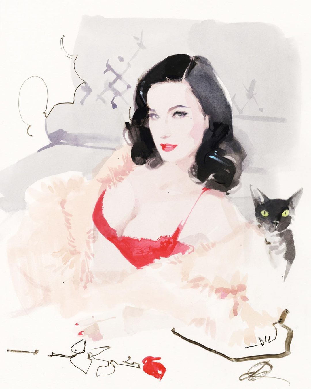 Fashion illustration of a woman in a red bra with a black cat, rose, and white fur shawl in a light and airy art style.