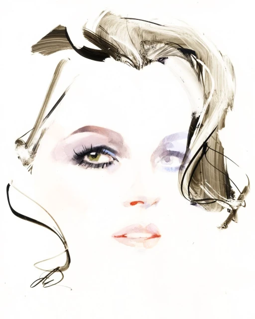 Watercolor portrait of a woman with purple eyeshadow and expressive brushstrokes forming her hair and features against a white backdrop.