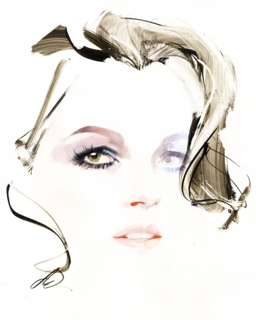 Watercolor portrait of a woman with purple eyeshadow and expressive brushstrokes forming her hair and features against a white backdrop.