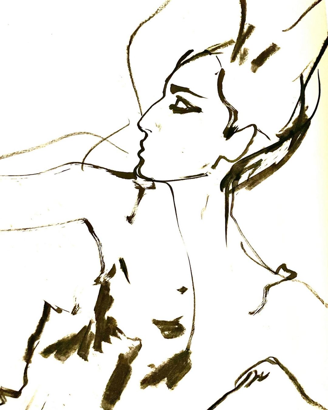 Ink drawing of a nude adult looking up, with expressive lines and shading, creating a dramatic and artistic human portrait.