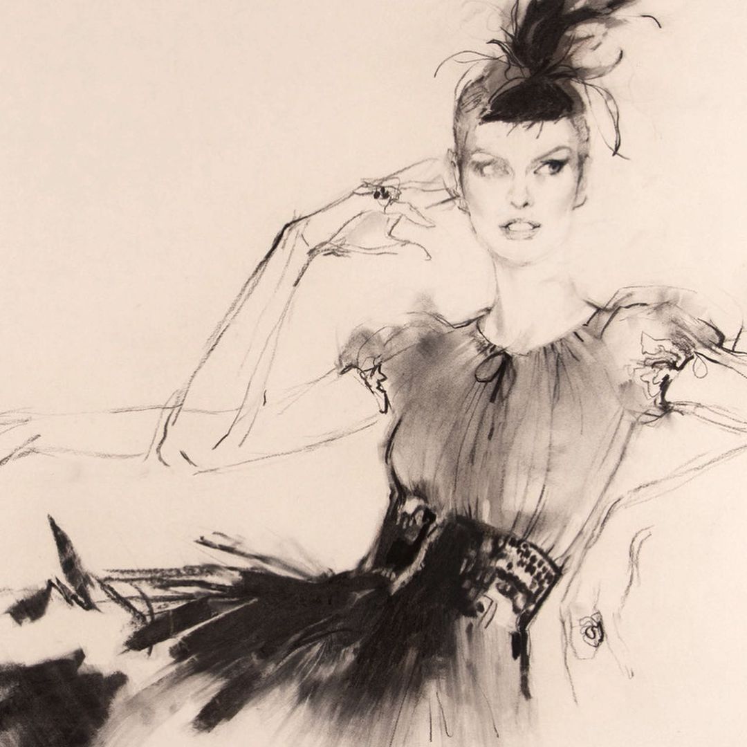 Charcoal art of a woman in a dress reclining, with dark hair styled up and away from her face, and light shading in the background.