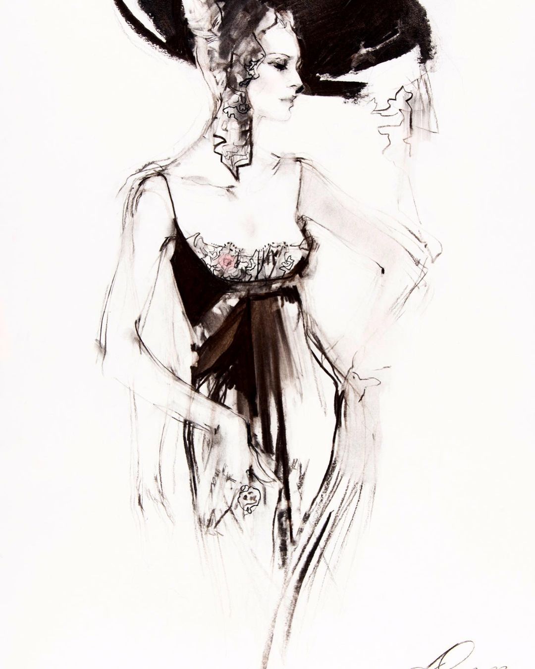 Fashion illustration features a woman in a dark, low-cut dress with a wide-brimmed hat, rendered in expressive charcoal and pencil strokes.