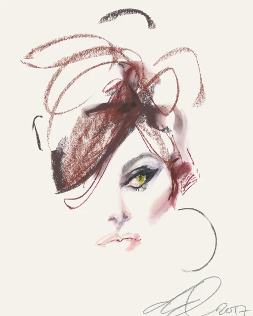 Artistic rendering of a woman's face with auburn hair, expressive green eyes, and bold eyeliner in a painterly style on white background.