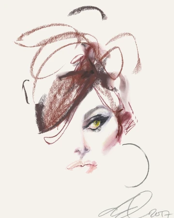 Artistic rendering of a woman's face with auburn hair, expressive green eyes, and bold eyeliner in a painterly style on white background.