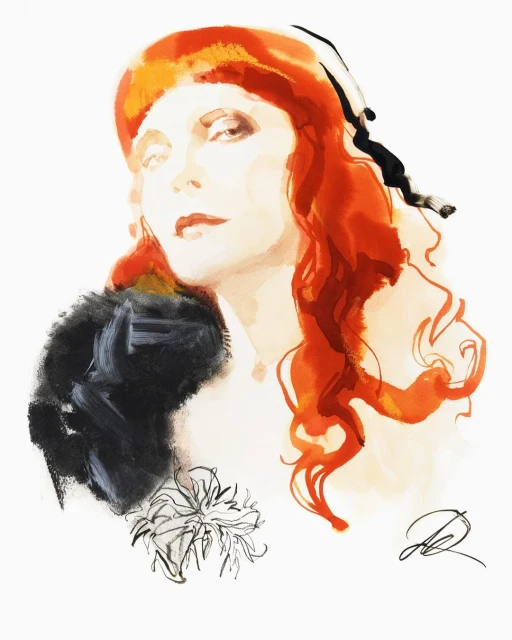 Watercolor portrait illustration of a woman with red hair wearing a head covering and black fur stole, with a delicate floral design.