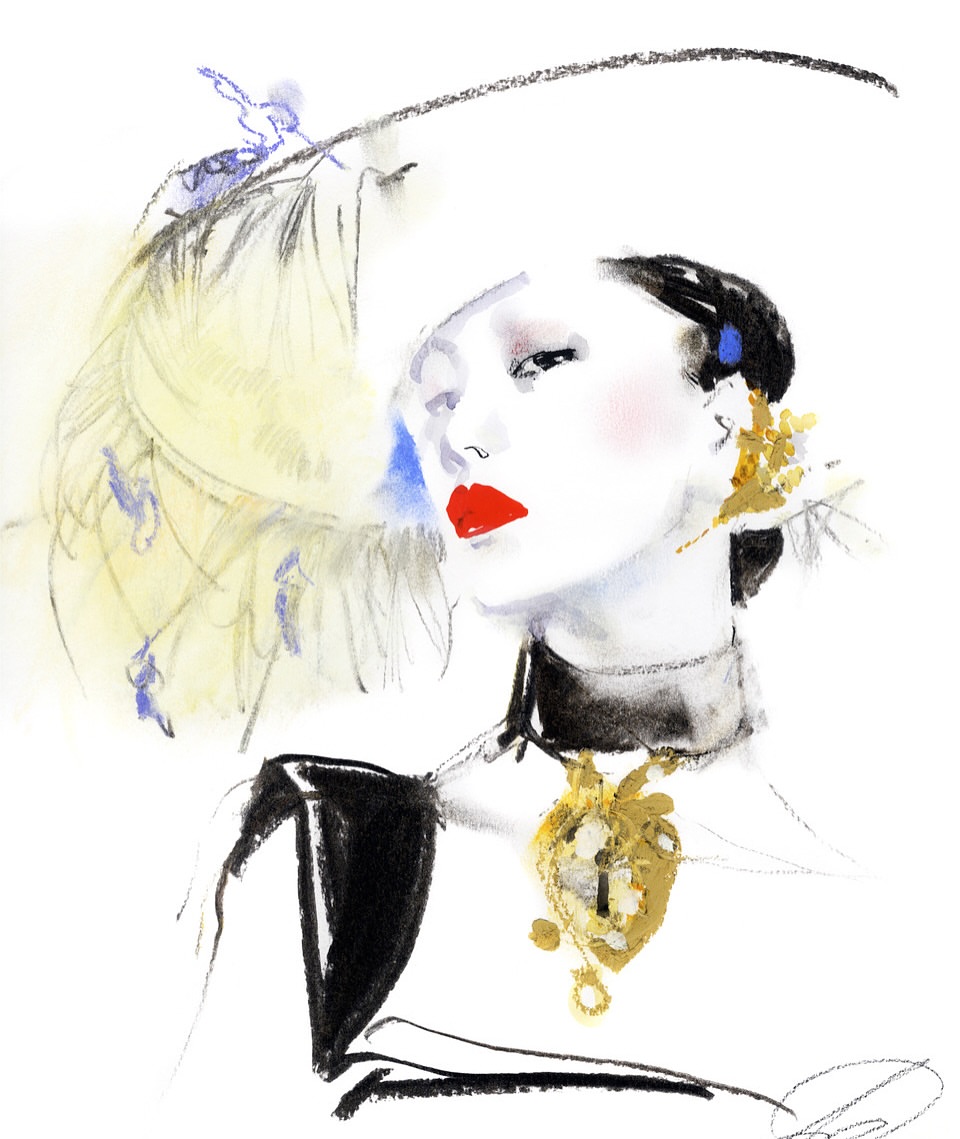 Illustration of a stylish woman with red lips, wearing an ornate hat and heart-shaped necklace, rendered in a watercolor style.