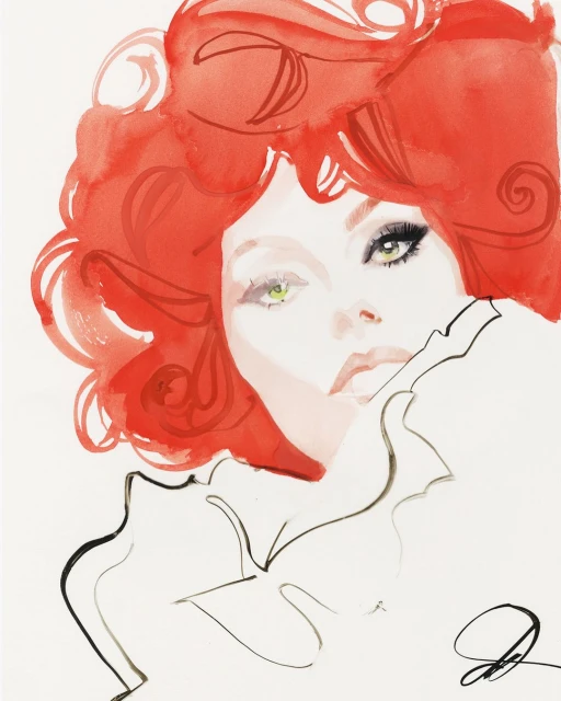 Fashion illustration of a woman with red curly hair and dramatic eye makeup, done in watercolor and ink on a white background.