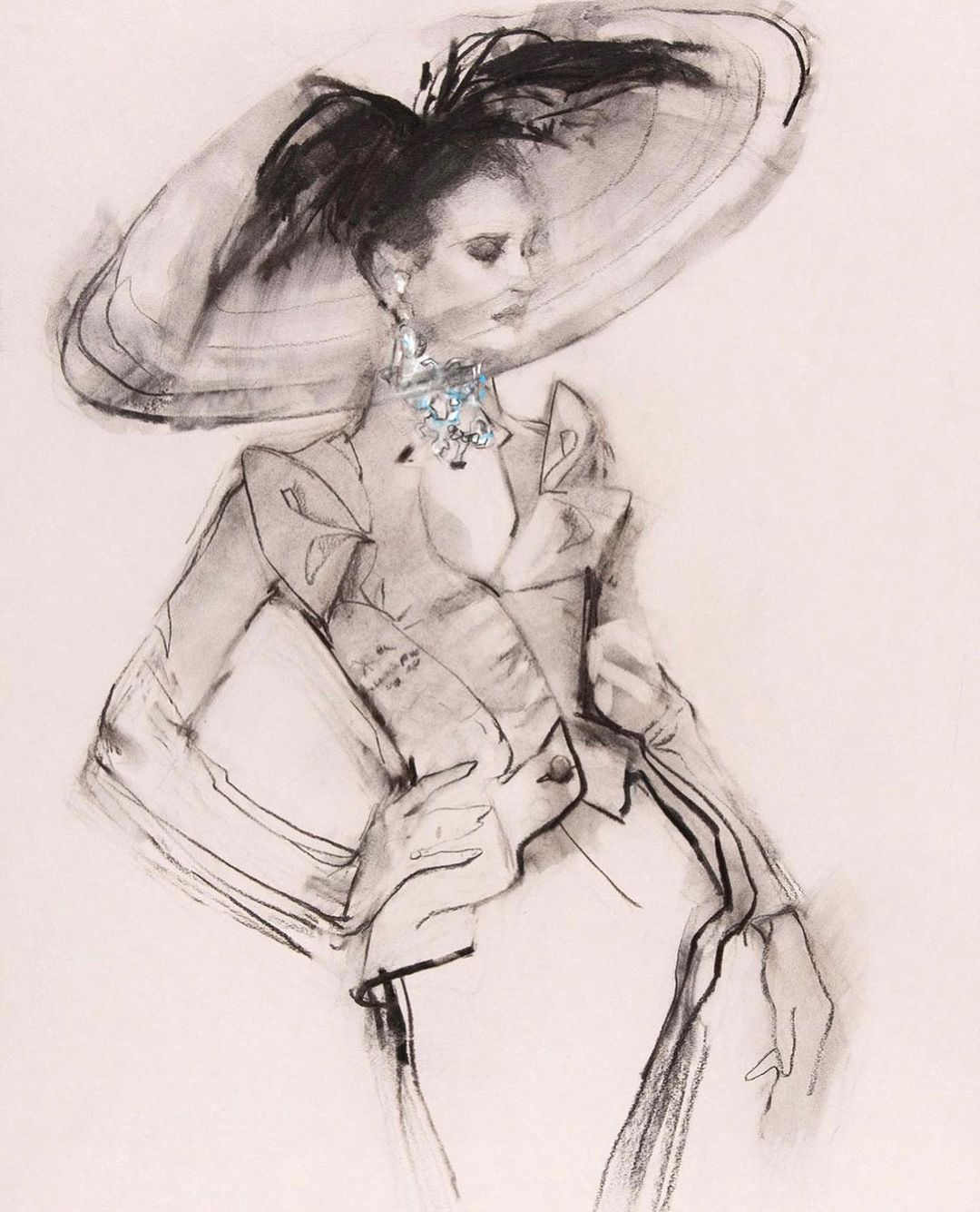 Fashion illustration of a woman wearing a large brimmed hat, statement jewelry, and a blazer in a stylized charcoal rendering.