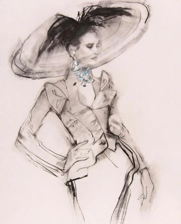 Fashion illustration of a woman wearing a large brimmed hat, statement jewelry, and a blazer in a stylized charcoal rendering.