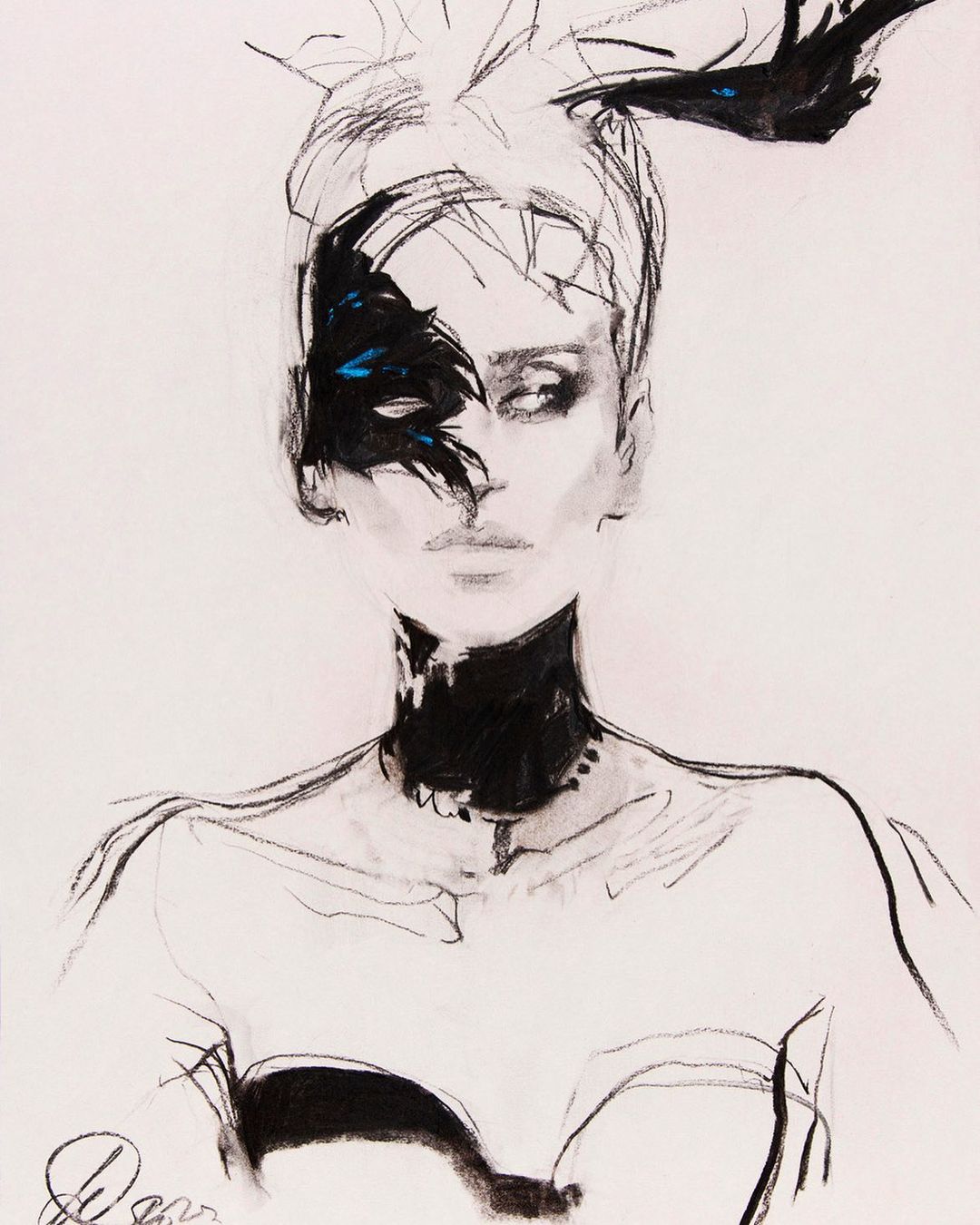 Fashion illustration of a woman with a black accessory covering half her face, black neck accessory, and dramatic makeup.