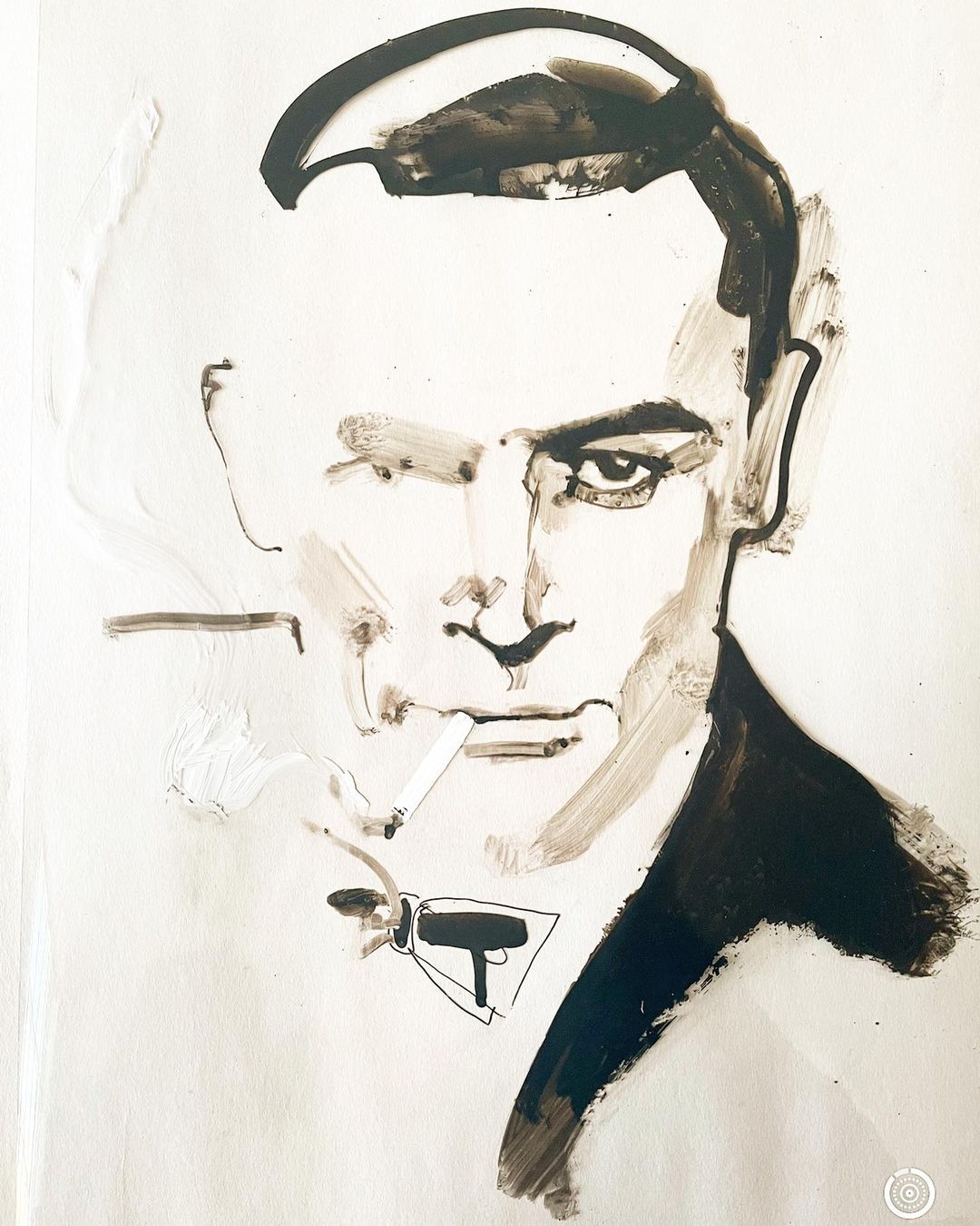 Monochrome painting of an adult male smoking a cigarette with a bow tie, created with thick brush strokes on a white background.
