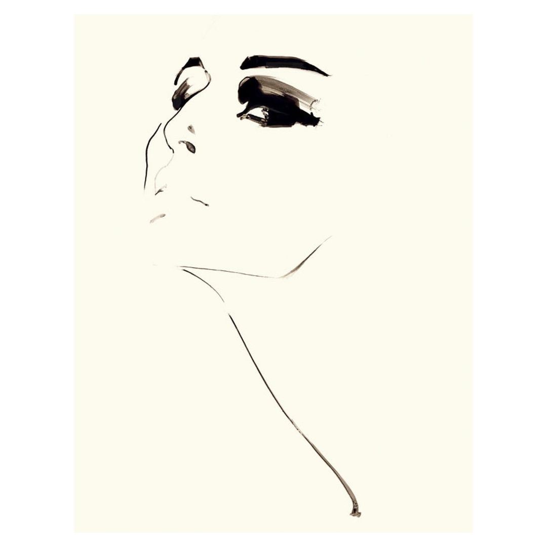 Illustration of a woman's face in profile with heavy black eye makeup against a cream-colored background in a fashion editorial style.