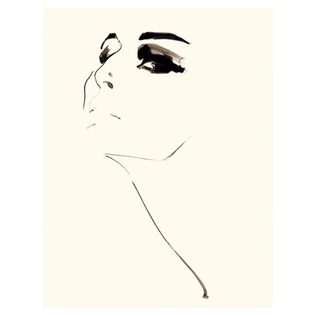 Illustration of a woman's face in profile with heavy black eye makeup against a cream-colored background in a fashion editorial style.