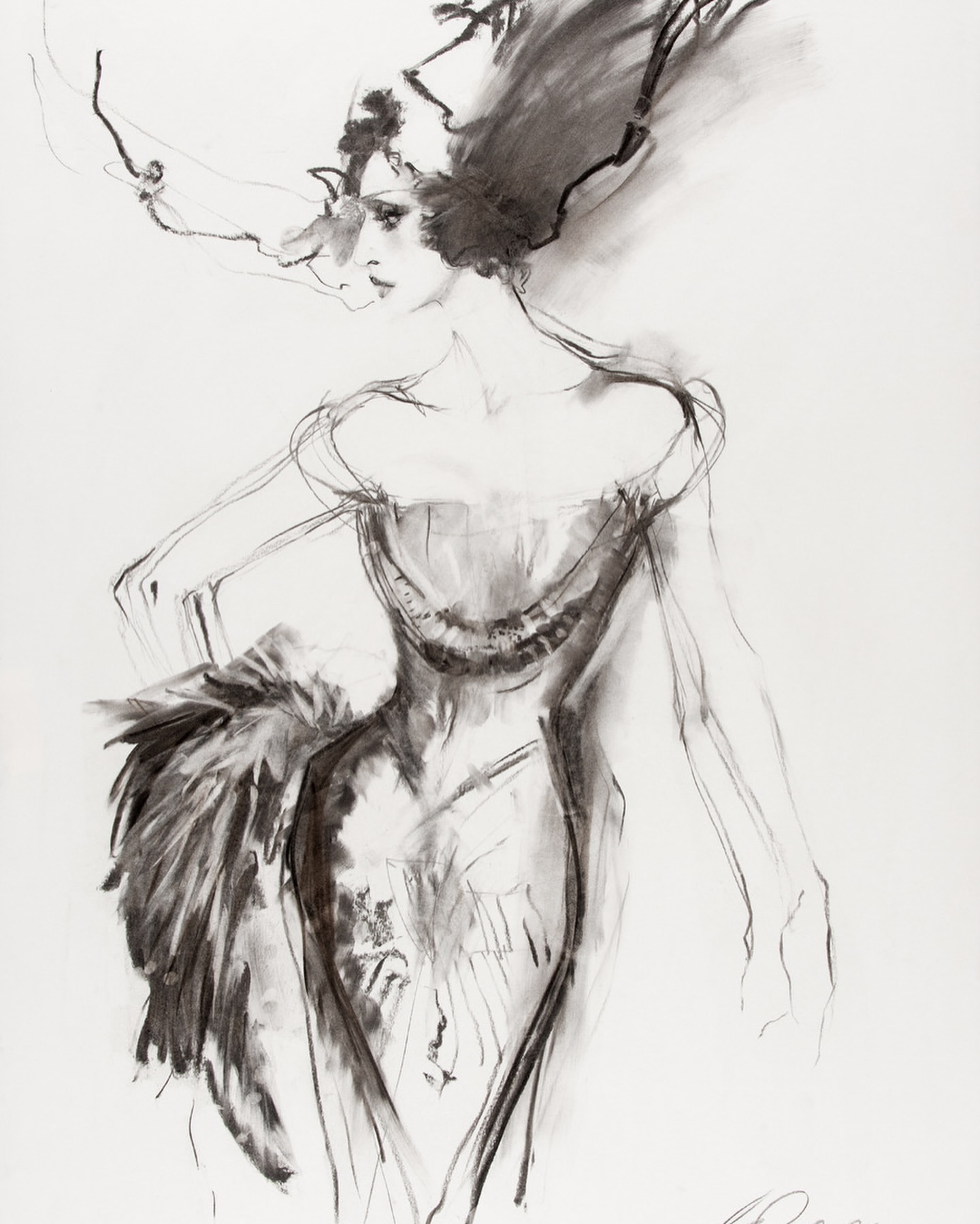 Fashion illustration featuring a woman in an off-the-shoulder dress with feather detail and stylized hair, created in charcoal on paper.