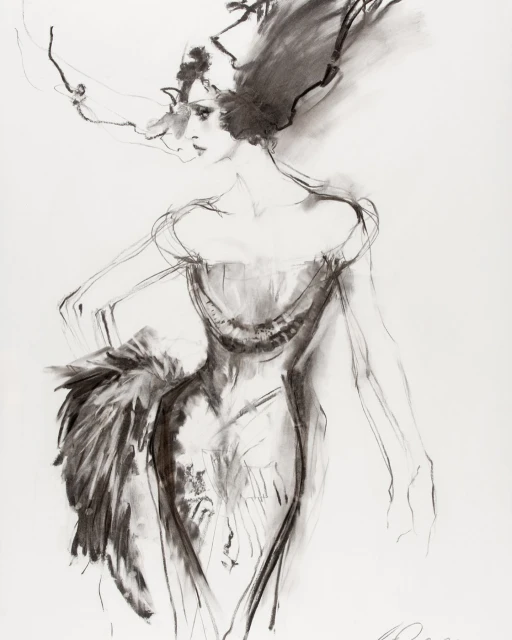 Fashion illustration featuring a woman in an off-the-shoulder dress with feather detail and stylized hair, created in charcoal on paper.