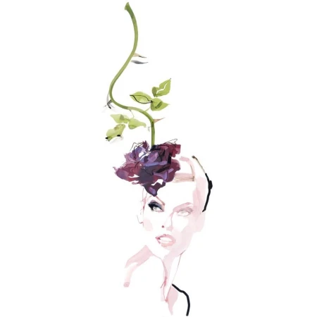 Fashion illustration by David Downton of a woman's face adorned with a dark floral headpiece and climbing vine against a white background.