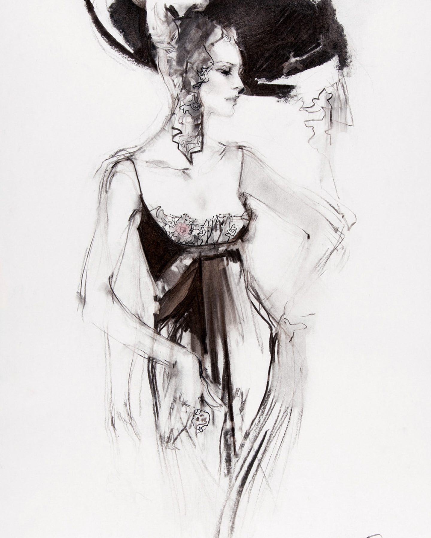 Elegant fashion illustration featuring a woman in a dress and large hat, rendered in shades of black, white, and pink, artful style.