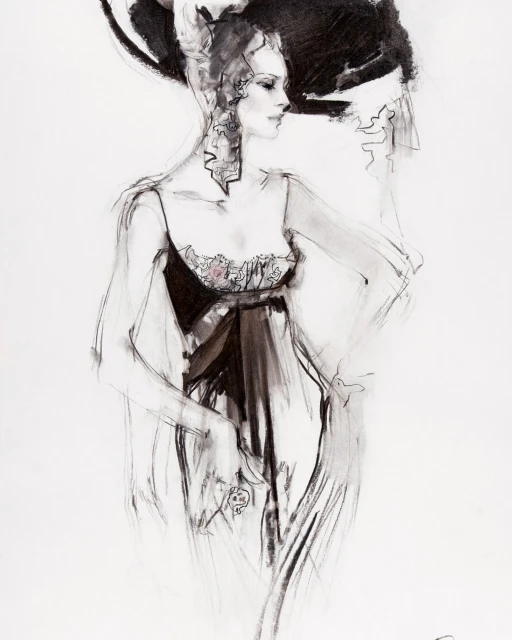 Elegant fashion illustration featuring a woman in a dress and large hat, rendered in shades of black, white, and pink, artful style.