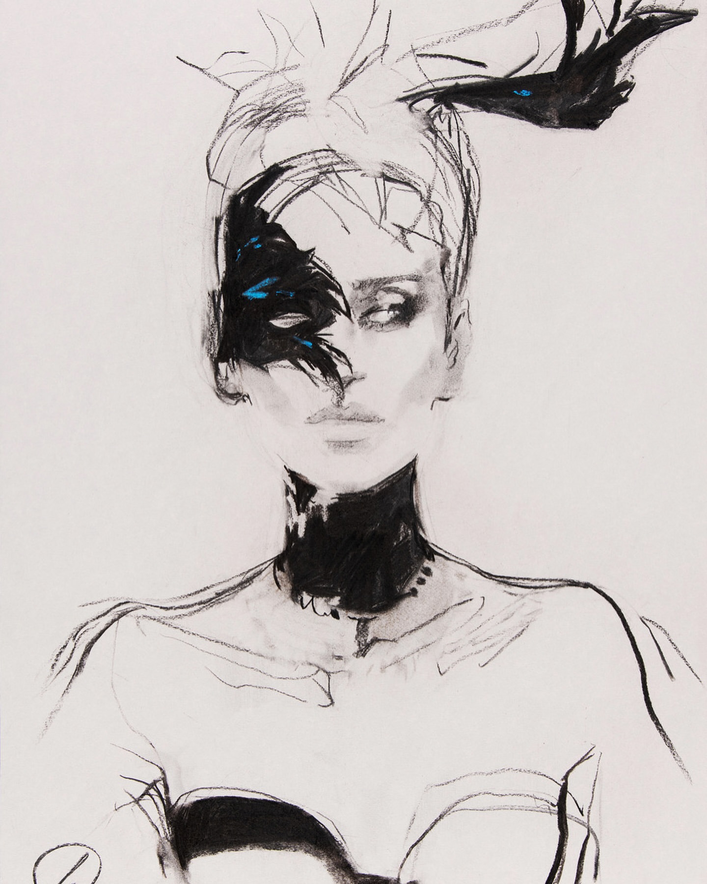 Fashion illustration of a woman with dramatic eye makeup and head wrap in black and white charcoal with touches of blue.