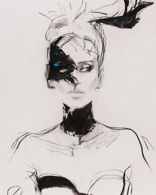 Fashion illustration of a woman with dramatic eye makeup and head wrap in black and white charcoal with touches of blue.