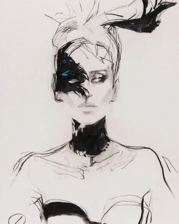 Fashion illustration of a woman with dramatic eye makeup and head wrap in black and white charcoal with touches of blue.