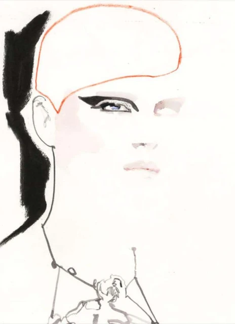 Fashion illustration features a pale-skinned woman with black eyeliner and orange hair against a white background, watercolor style.