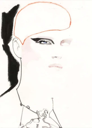 Fashion illustration features a pale-skinned woman with black eyeliner and orange hair against a white background, watercolor style.
