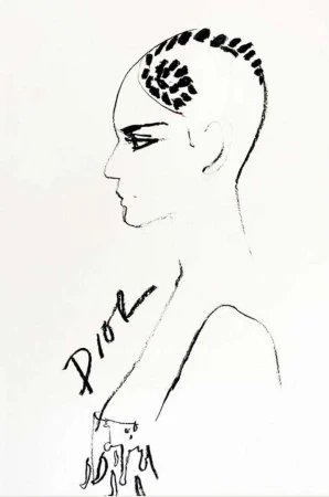 Minimalist black ink fashion illustration in profile of a model with short braided hair and the word Dior visible on the white paper.