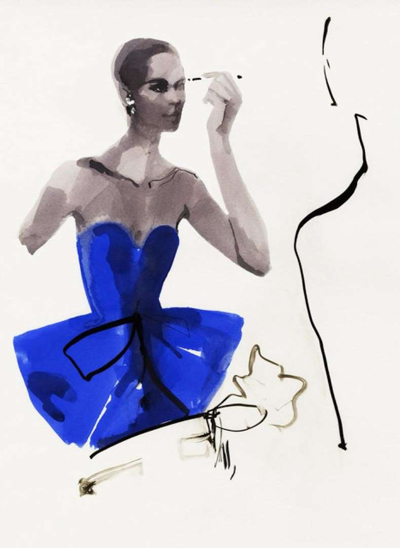Illustration of a woman in blue dress applying makeup, rendered in an expressive watercolor style on a white background.