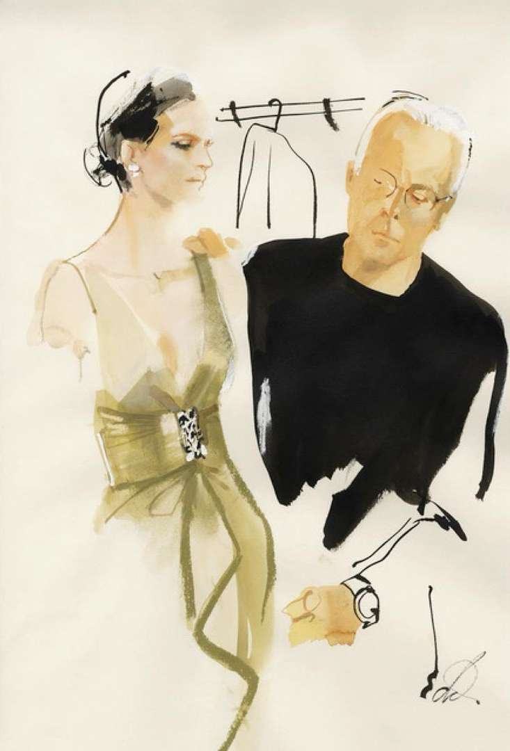 Fashion illustration featuring two figures: a woman in an evening gown and a man in a black shirt. Garment rack in the background.