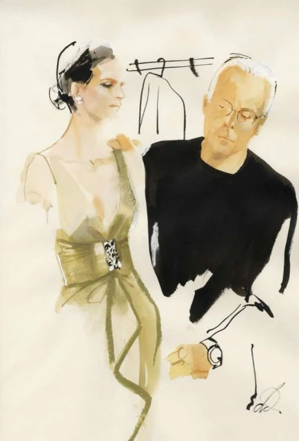 Fashion illustration featuring two figures: a woman in an evening gown and a man in a black shirt. Garment rack in the background.