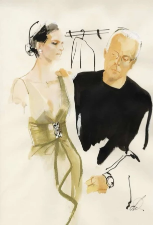 Fashion illustration featuring two figures: a woman in an evening gown and a man in a black shirt. Garment rack in the background.