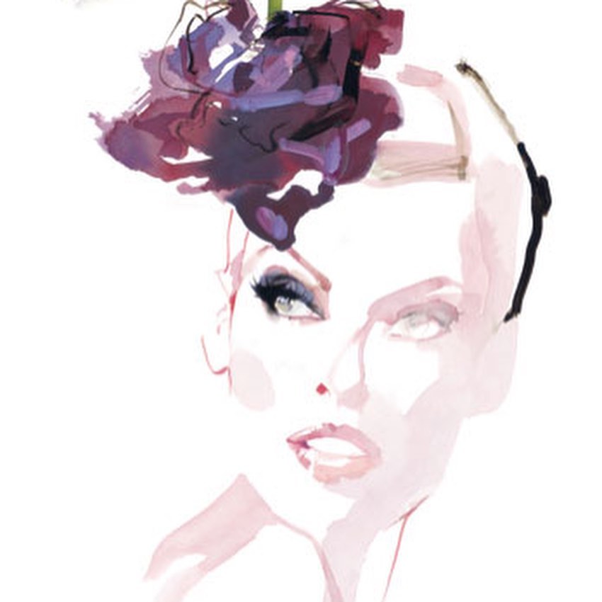 Watercolor illustration of a fair-skinned woman with purple flower headpiece, dramatic eye makeup, and a light pink background.