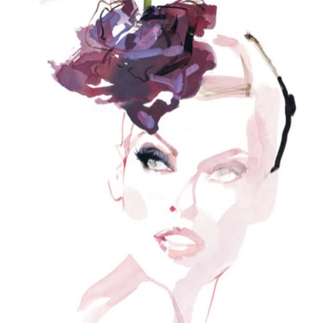 Watercolor illustration of a fair-skinned woman with purple flower headpiece, dramatic eye makeup, and a light pink background.