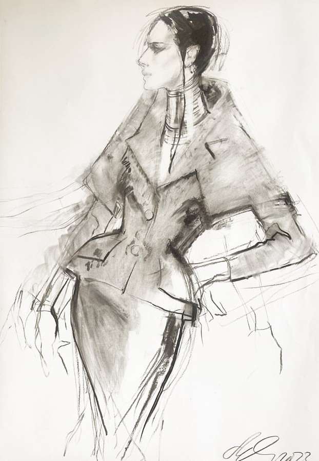 Fashion illustration of an adult female model posing in a jacket and skirt with a choker necklace against a white background.