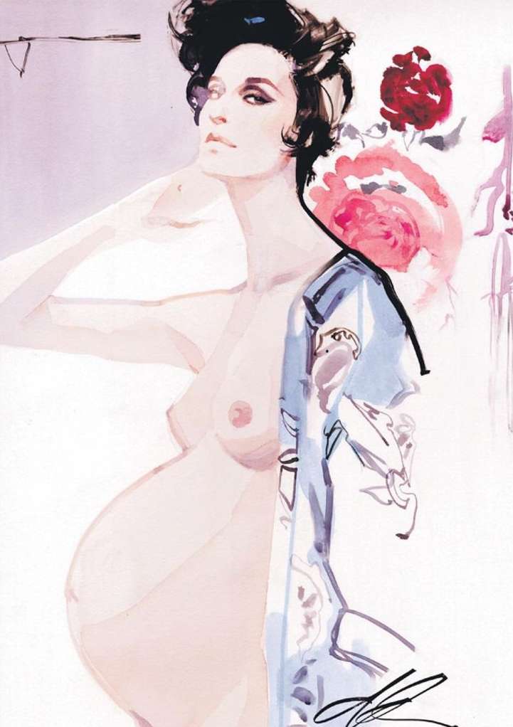 Watercolor painting of a pregnant woman with roses in the background. Artful depiction of maternity and floral elements.