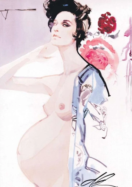 Watercolor painting of a pregnant woman with roses in the background. Artful depiction of maternity and floral elements.
