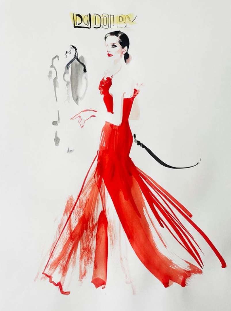 Illustration of woman in red dress with Dolby logo above. Fashion illustration, standing pose, red and black color palette.